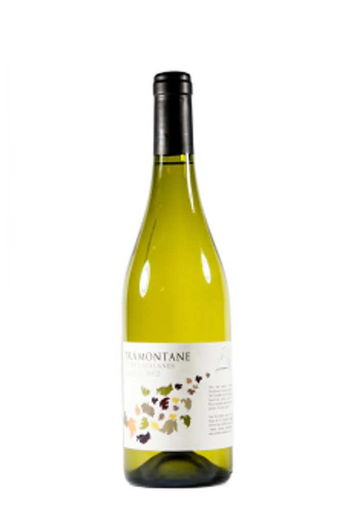 Bottle of Tramontane Macabeu white wine, light label with coloured leaves.