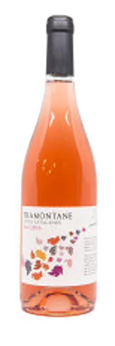 Bottle of Tramontane Rosé, white label with small coloured patterns.